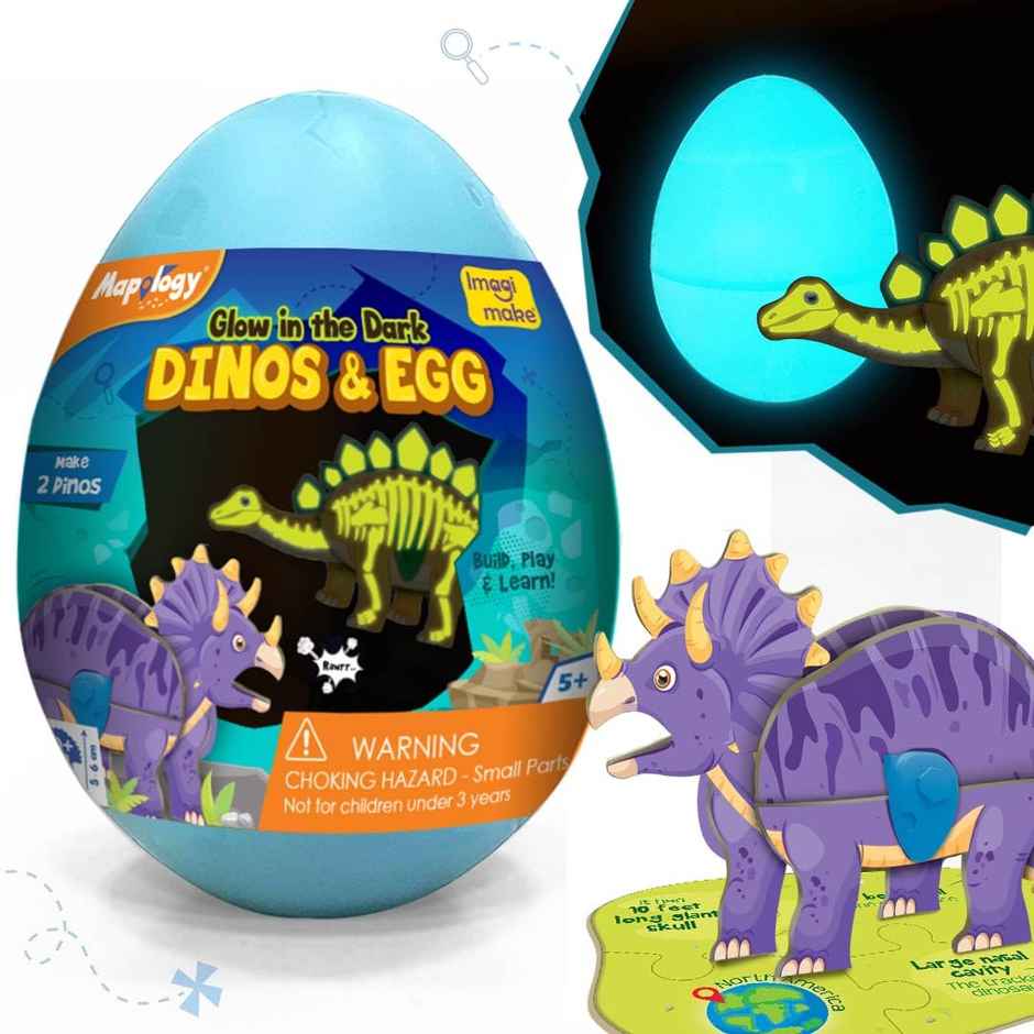 Imagimake Dino & Egg - Blue | Glow in Dark Dinasor Building Puzzle Toy for Kids Gifting (5+ Years)