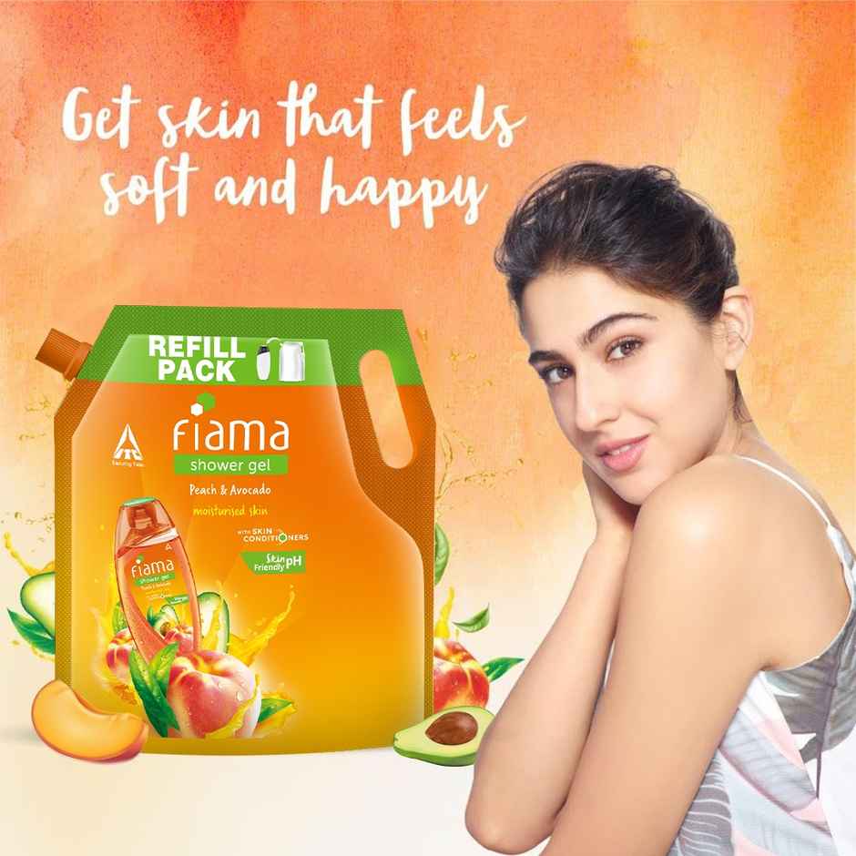 Fiama Shower Gel Peach & Avocado, Body Wash with Skin Conditioners for Soft Moisturised Skin, Pouch