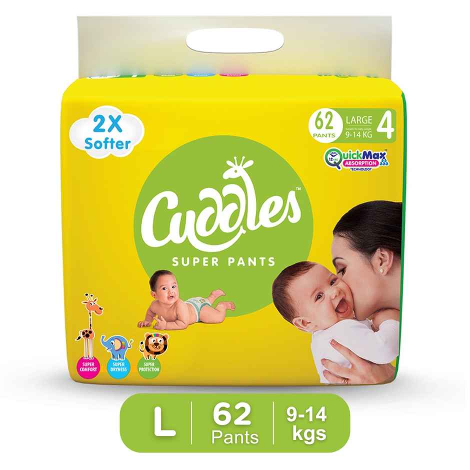 Cuddles Baby Pant Diaper-L | 62 Pieces | 9-14kg | Upto 12 hours Protection 2X Softer