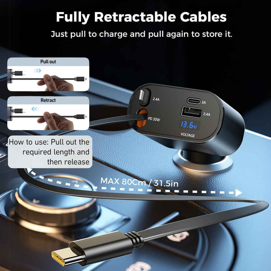 Roarx 120W Car Charger with PD Type C & Lightning Cable Support