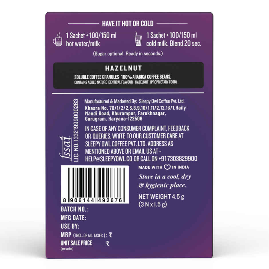 Sleepy Owl Hazelnut Arabica Instant Coffee Sachets