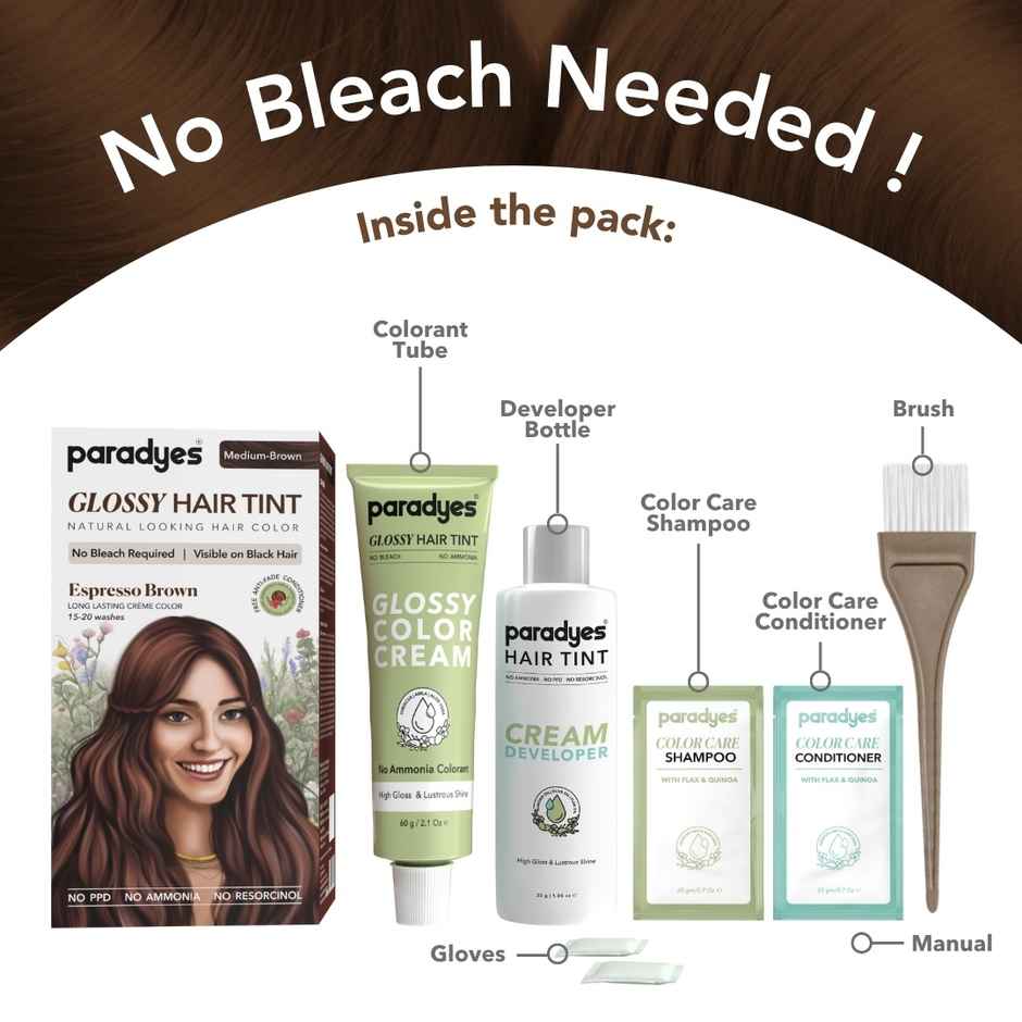 Paradyes No Bleach Espresso Brown Glossy Hair Tint, Ammonia|free Hair Color for Natural Black Hair