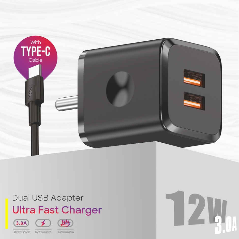 U&i Budget 27 Charger 12W | 3A Dual USB & Type-C Cable | Black
