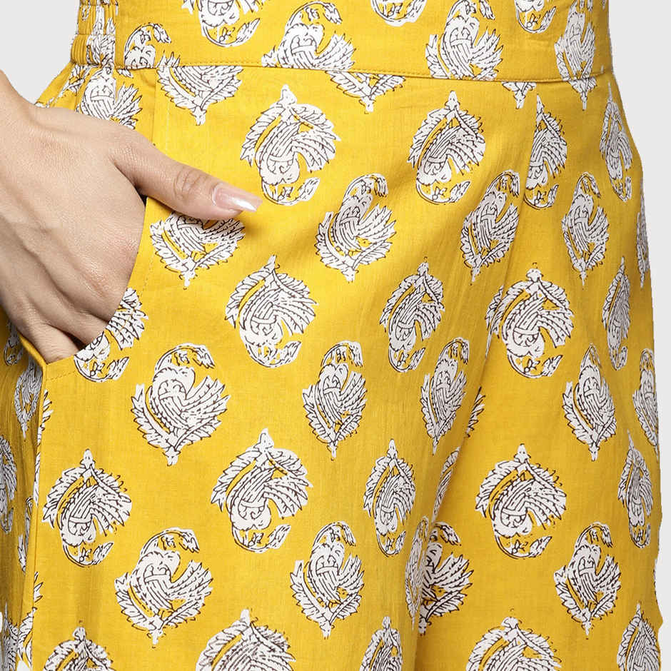 Libas Women Mustard Cotton Floral Kurti With Cotton Pyjamas - 50176M