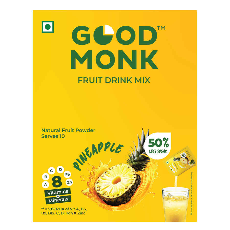 Good Monk Instant Fruit Drink Mix - Natural Pineapple Powder | 50% Less Sugar | With 8 Vitamins