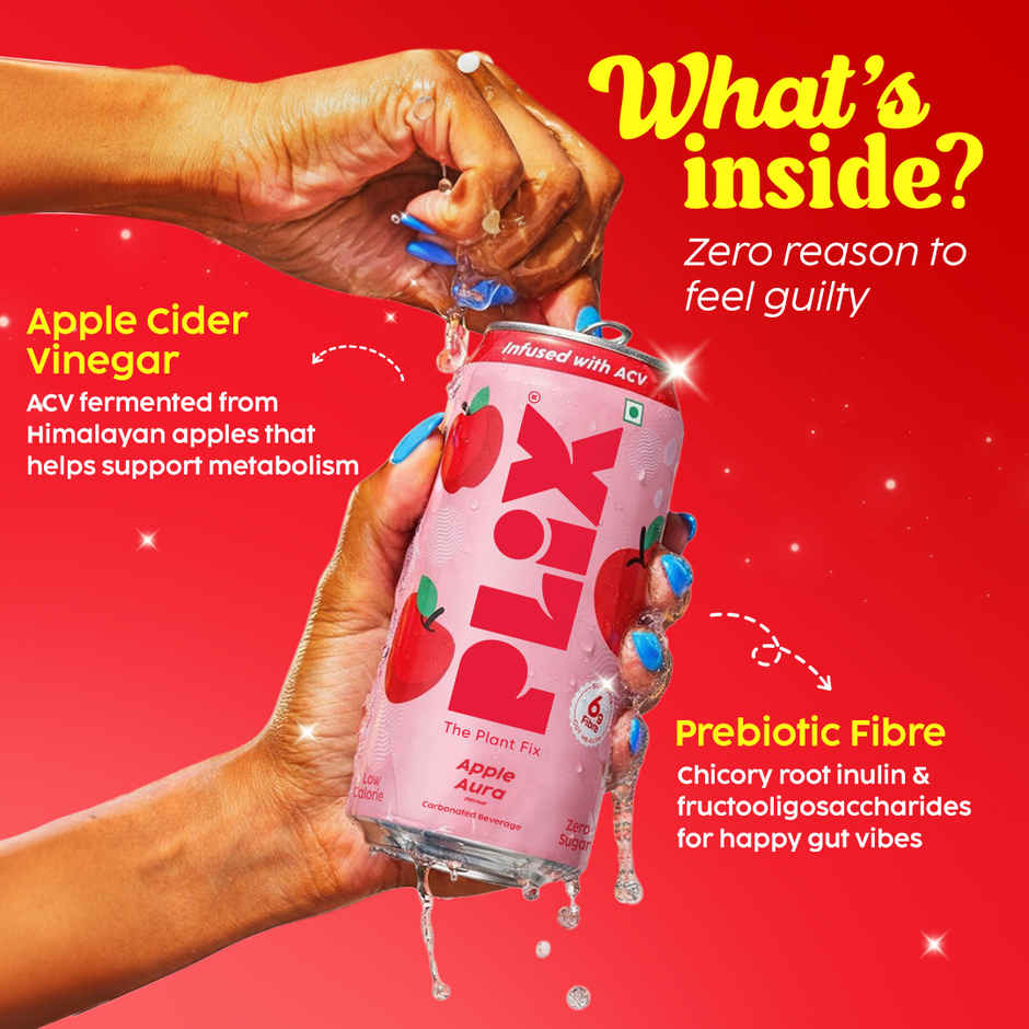 Plix Apple Aura Fizzy Soft Drink Can | Low Calorie & Zero Sugar | Prebiotics with 6g Fibre