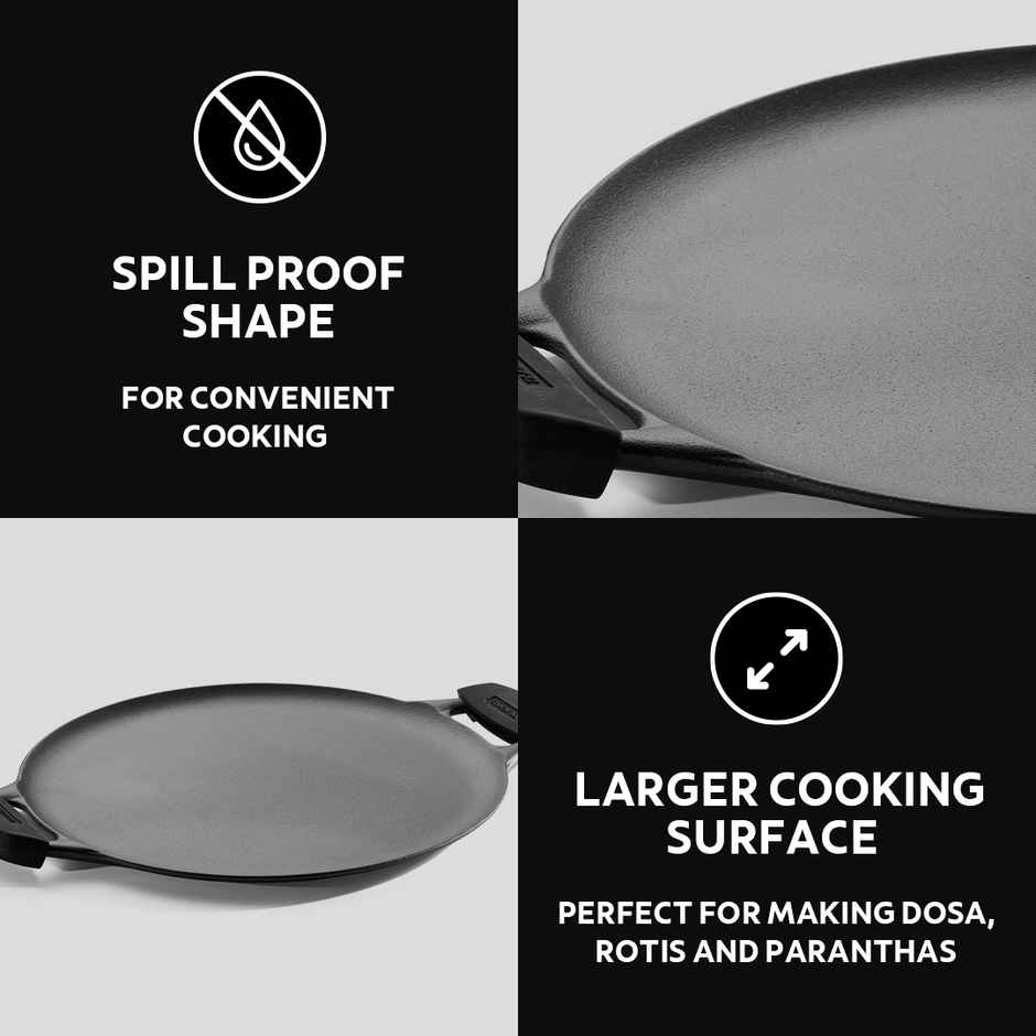 Tramontina Titanex 30 cm Pre-Seasoned Cast Iron Flat Dosa Tawa with Dual Side Handles Non-Toxic, Induction Ready, Snap-On Cool Touch Grips, Superior Stone Finish, Raised Sides for Spill-Free Cooking