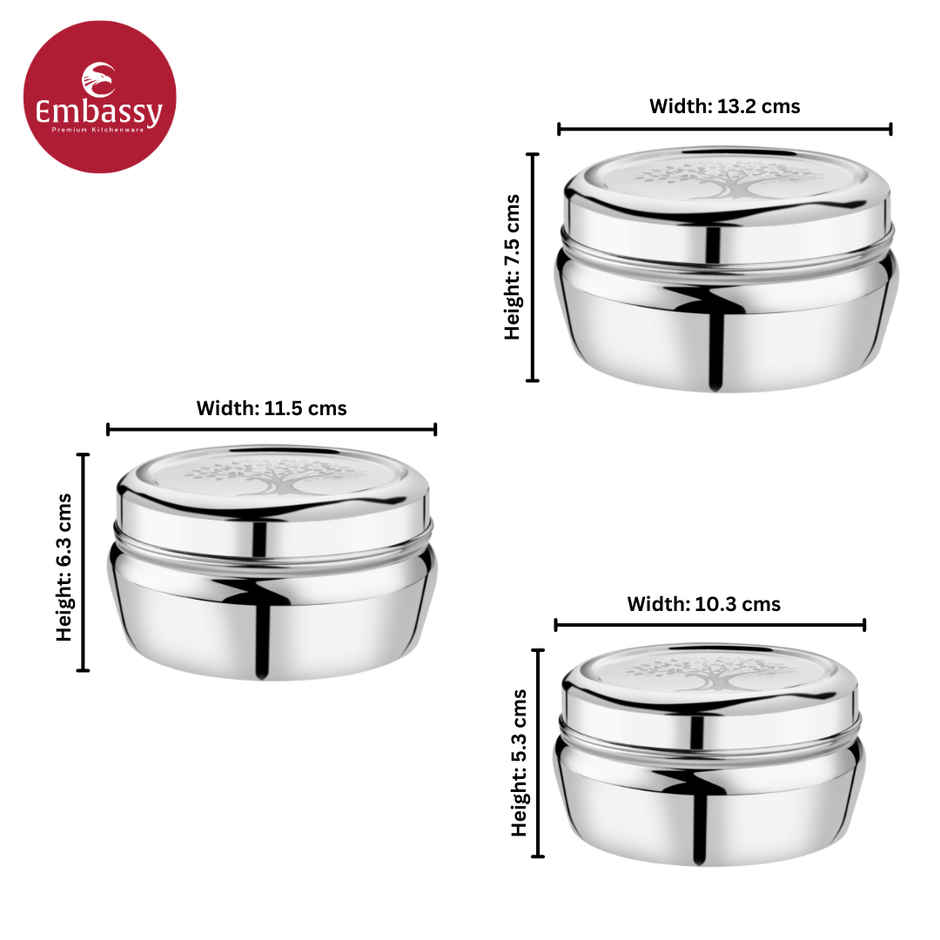 Embassy Oaktree Storage Containers / Dabbas / Laser-Design Canisters, Set Of 3 (350,500,700 Ml), Ss