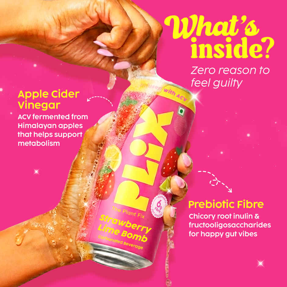 Plix Strawberry Lime Bomb Fizzy Soft Drink Can|Low Calorie & Zero Sugar|Prebiotics with 6g Fibre