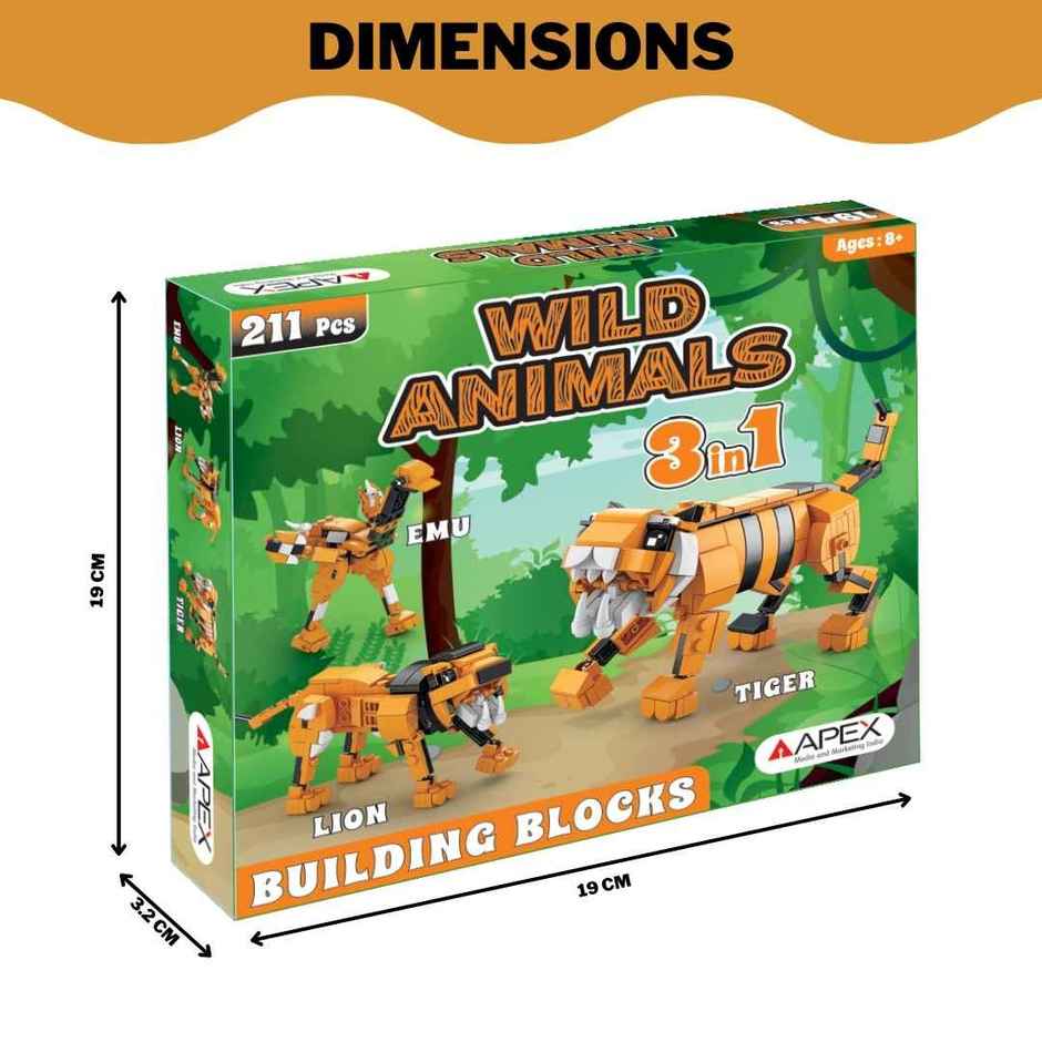 Apex Wild Animals Building Blocks 211 Pieces | Tiger, Lion & Emu