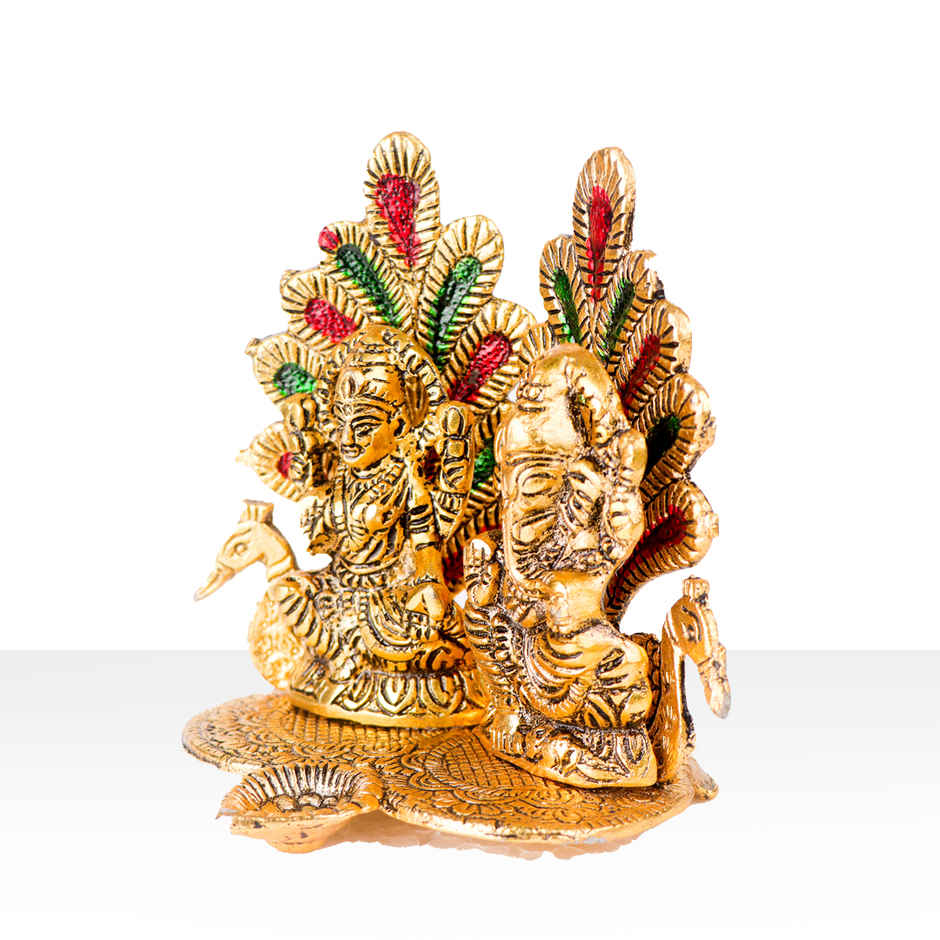 Diya Laxmi Ganesh With Meenakari Stonework | Golden | Metal | Diya-Pooja | Devnidhi
