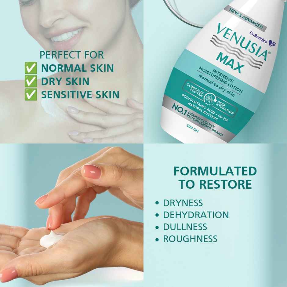 Venusia Max Intensive Moisturizing Lotion with 4D Hyaluronic+Polyglutamic Acid | Normal to Dry Skin