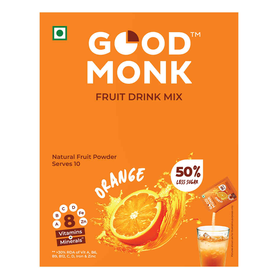 Good Monk Instant Fruit Drink Mix - Natural Orange Powder | 50% Less Sugar | With 8 Vitamins