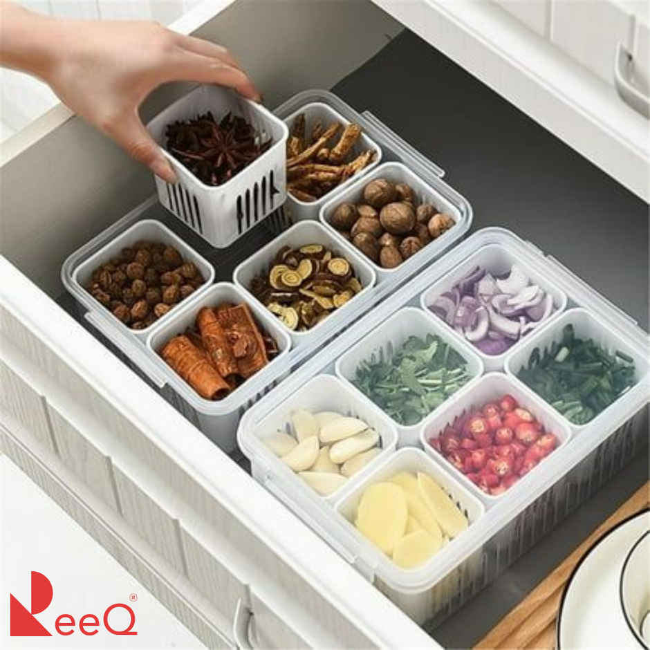 ReeQ Multipurpose Fridge Storage Box with Lid Removable Grid Containers