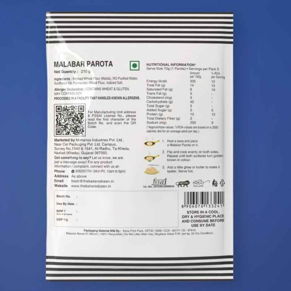 The Baker's Dozen Malabar Parota Zero Palm Oil | Ready To Eat | Ready To Cook | Wheat Paratha