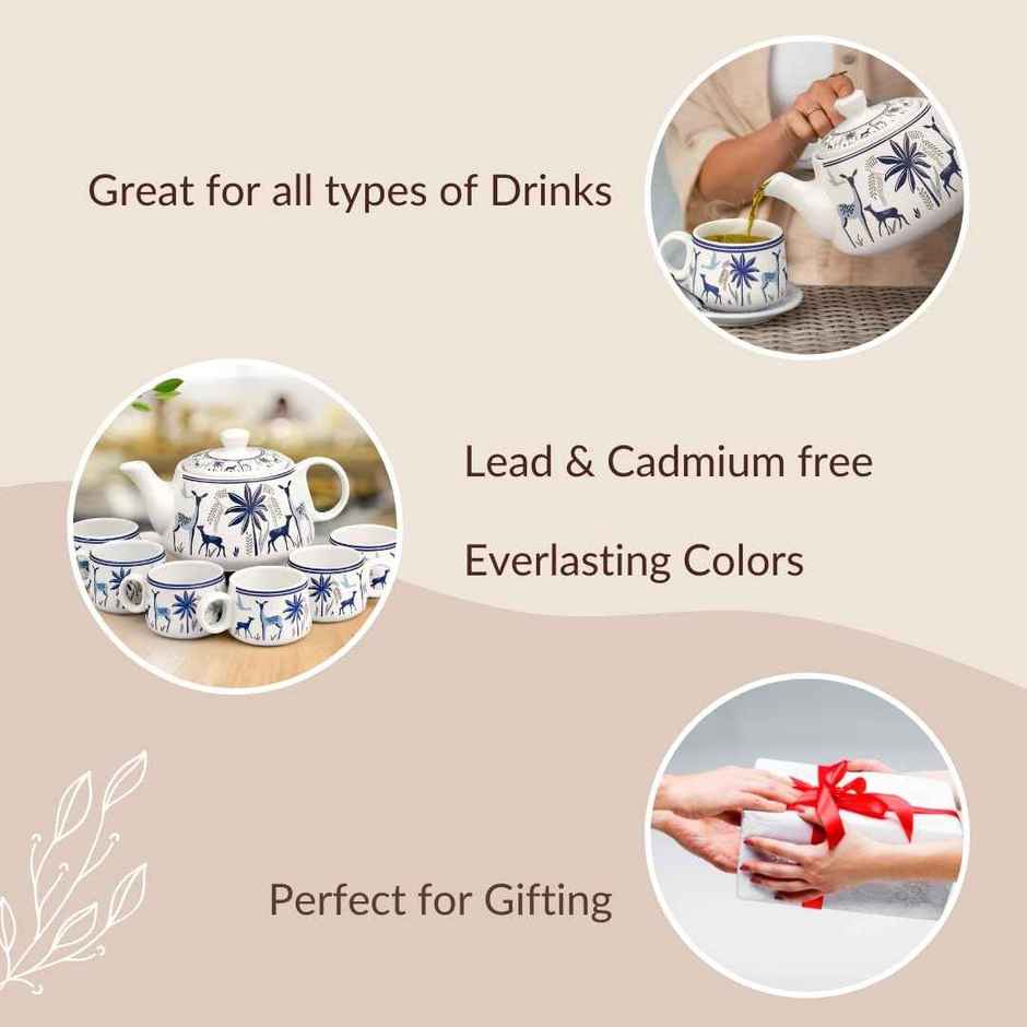 The Earth Store Ceramic Stag Blue Morning Tea Set Microwave Safe Tea Cup With Kettle
