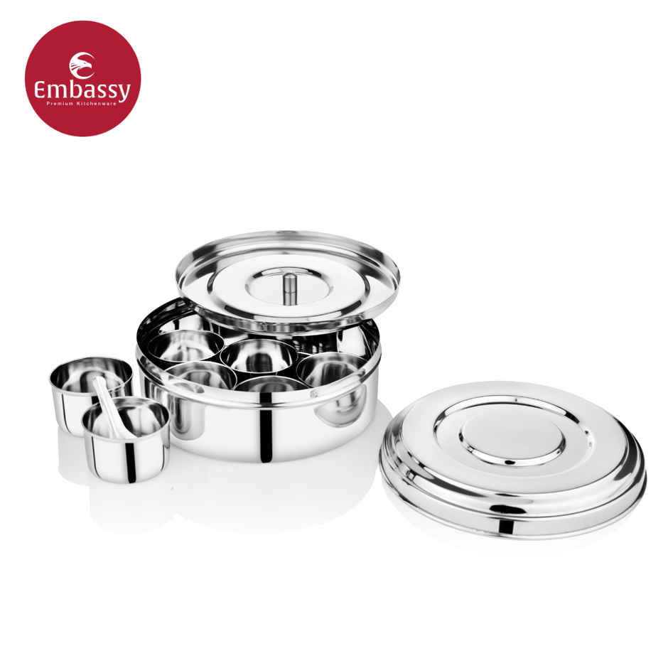 Embassy Masala Dabba/Spice Box, 7-Cups, 18 cms Diameter, Size 11, Premium Stainless Steel