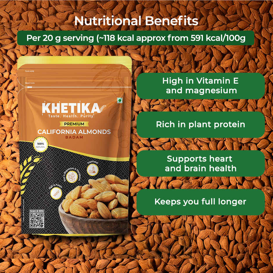 Khetika Premium California Almonds | Badam | Unpolished | Rich in Fiber Combo