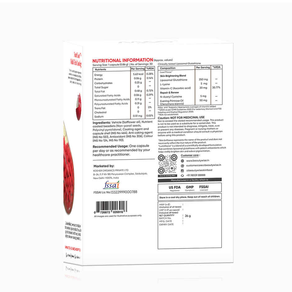 Beautywise Dual Action Skin Brilliance 4X Liposomal Glutathione For Men and Women (30 Capsules)