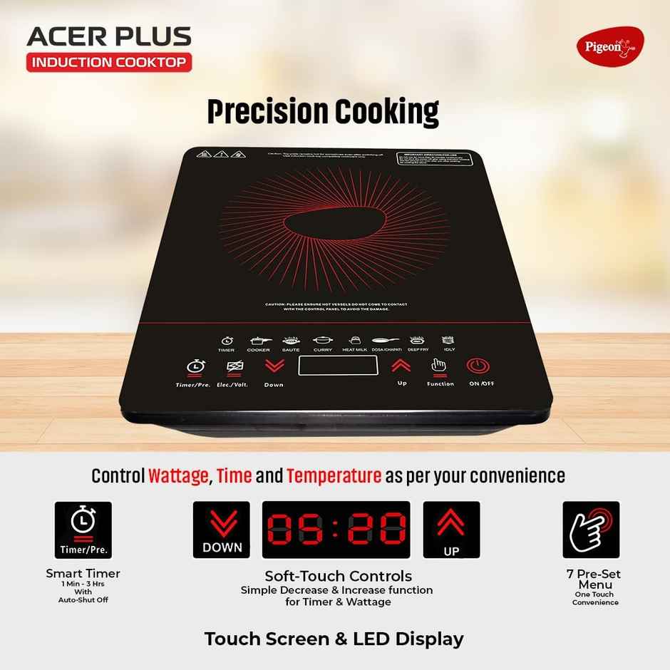 Pigeon By Stovekraft 14429 Acer Plus 1800 Watt Induction Cooktop with Feather Touch Control, Induction Stove comes with 8 Preset Menus and Auto-Shut Off features - Black