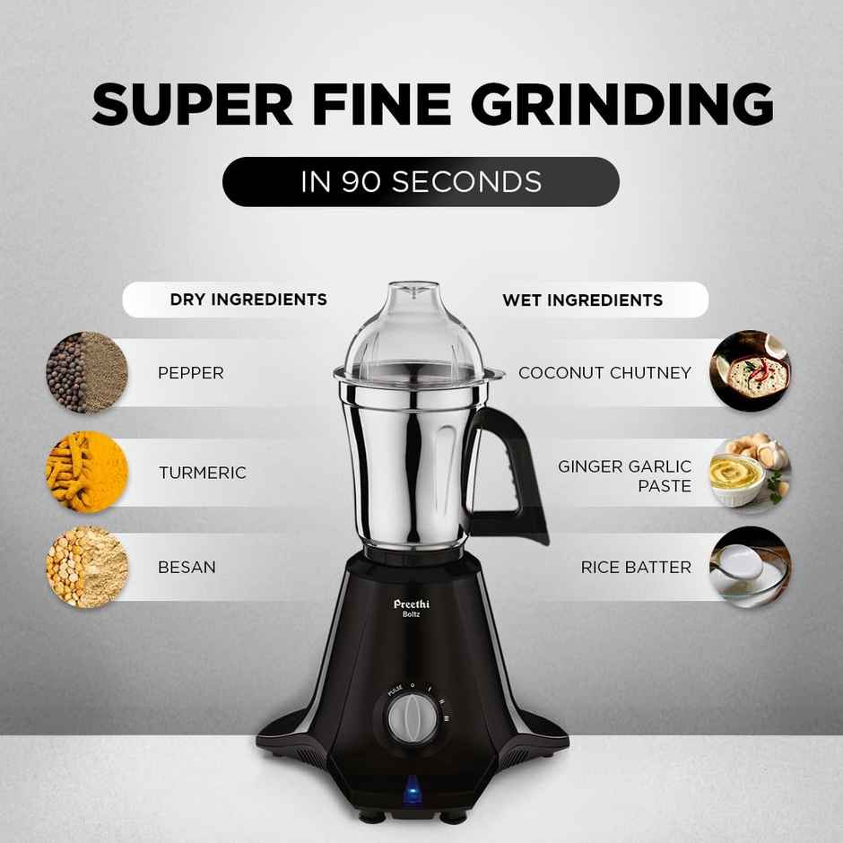 Preethi Boltz Mixer Grinder For Kitchen | 1000 W Mixie | 4 Jars - Black
