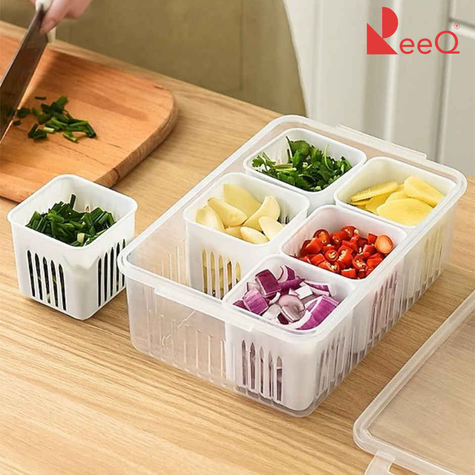 ReeQ Multipurpose Fridge Storage Box with Lid Removable Grid Containers