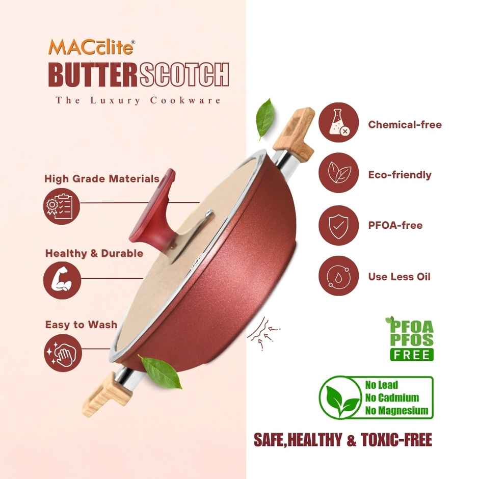 Macclite Non-Stick PDC Granite+ Induction Base Butter Scotch Triumph Kadai 26 cm With Glass Lid