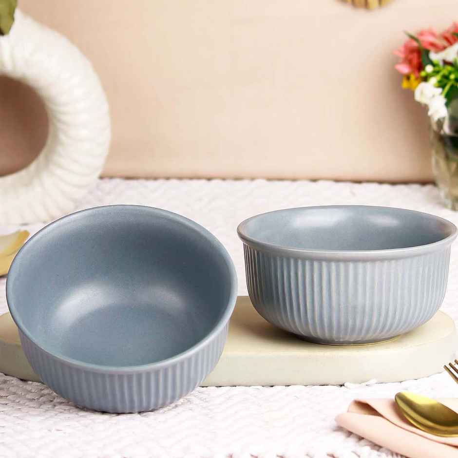 The Earth Store Grey Fringe 2Pc Ceramic Bowl Gift Set, 500 ml Each Microwave Safe, Snack Serving