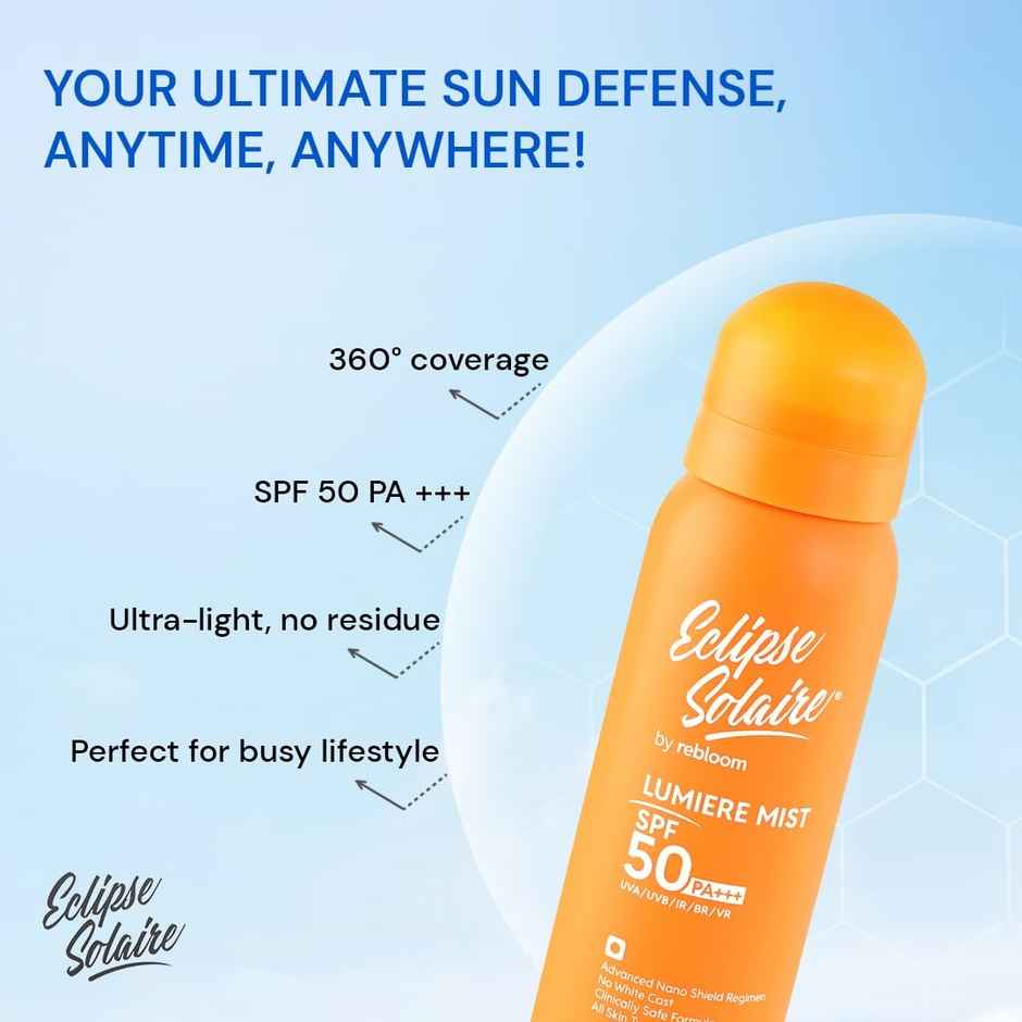Eclipse Solaire Lumiere Mist Sunscreen Spray SPF 50 PA+++ UVA/ UVB/ IR / BR / VR | No White Cast