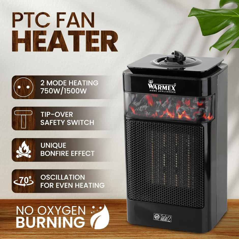 Warmex Bonfire Room Heater For Home | Fast Heating With 2 Heat Setting 750/1500 W - Black