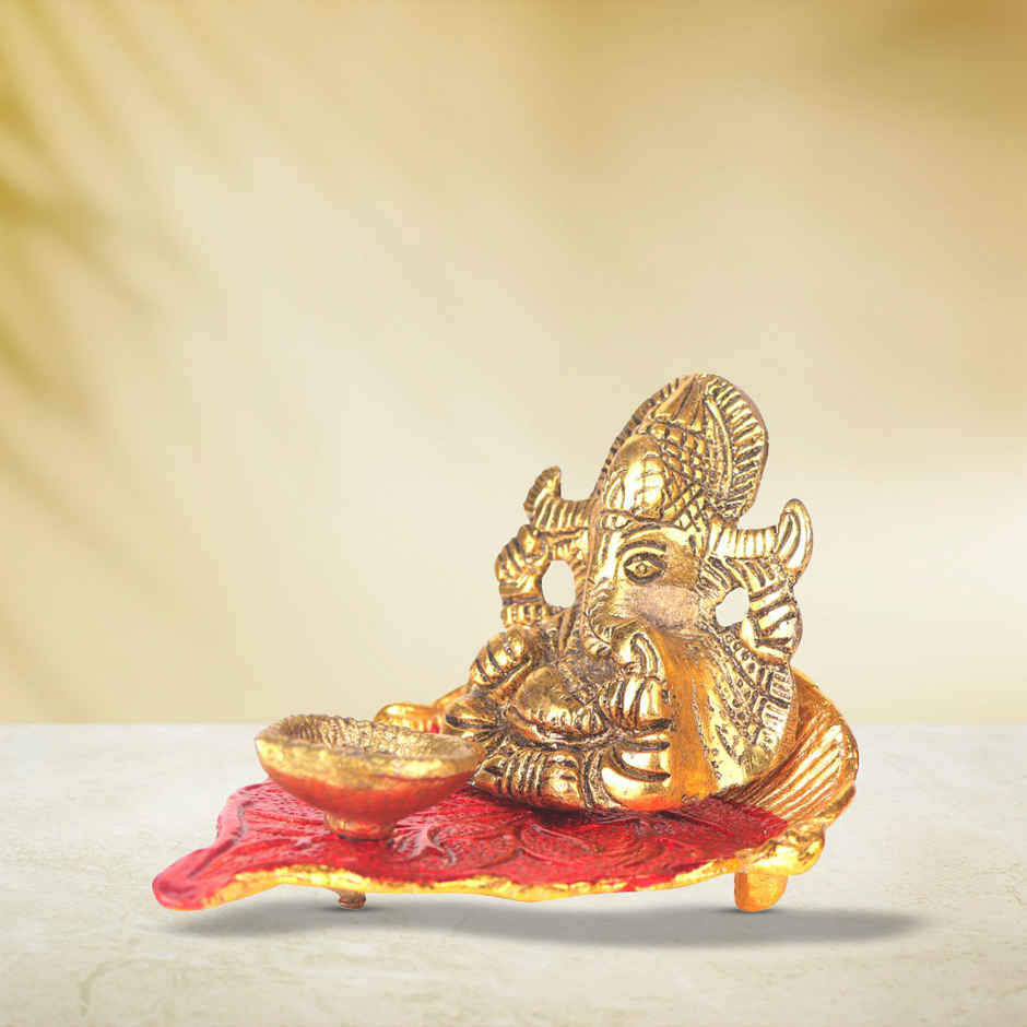 Diya Ganesh With Meenakari on Peepal Leaf | Gold | Metal | Diya-Pooja | Devnidhi