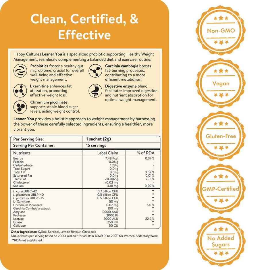 Happy Cultures Leaner You | Weight Loss Solution | Probiotics + L-Carnitine | 15pcs