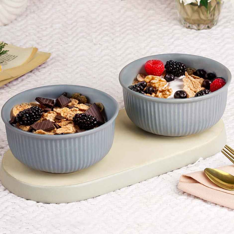The Earth Store Grey Fringe 2Pc Ceramic Bowl Gift Set, 500 ml Each Microwave Safe, Snack Serving