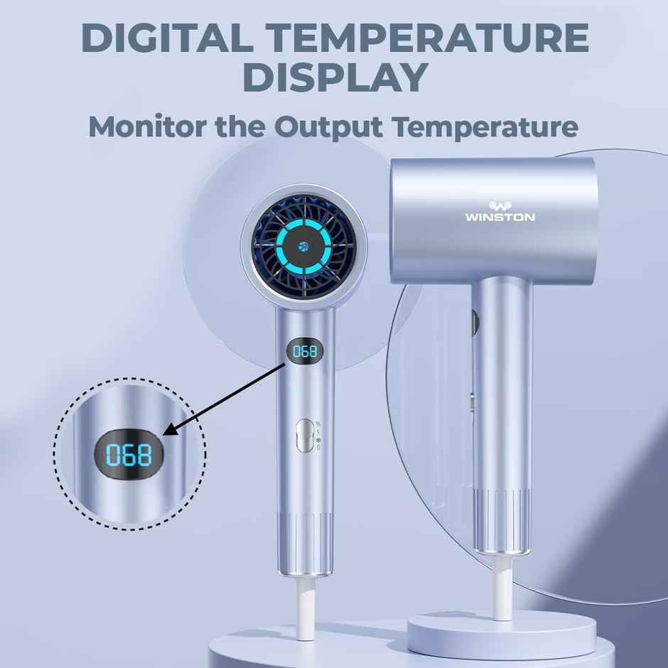 Winston Digital Smart Ionic Hair Dryer 2000W Heat Settings, All Hair Types, Lightweight - Ice Blue