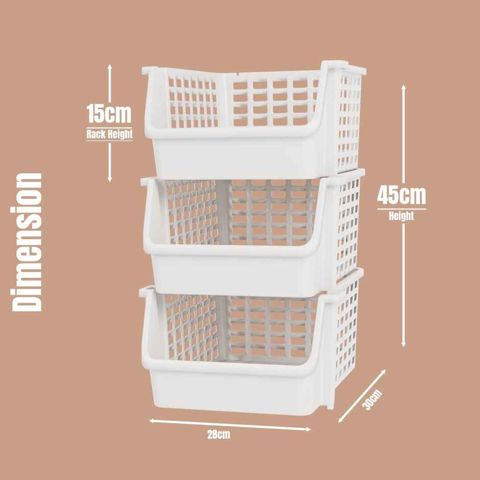 Tex-Ro White Large 3 Layer Plastic Stackable Kitchen Rack &Multi-Purpose Free Standing Cabinet