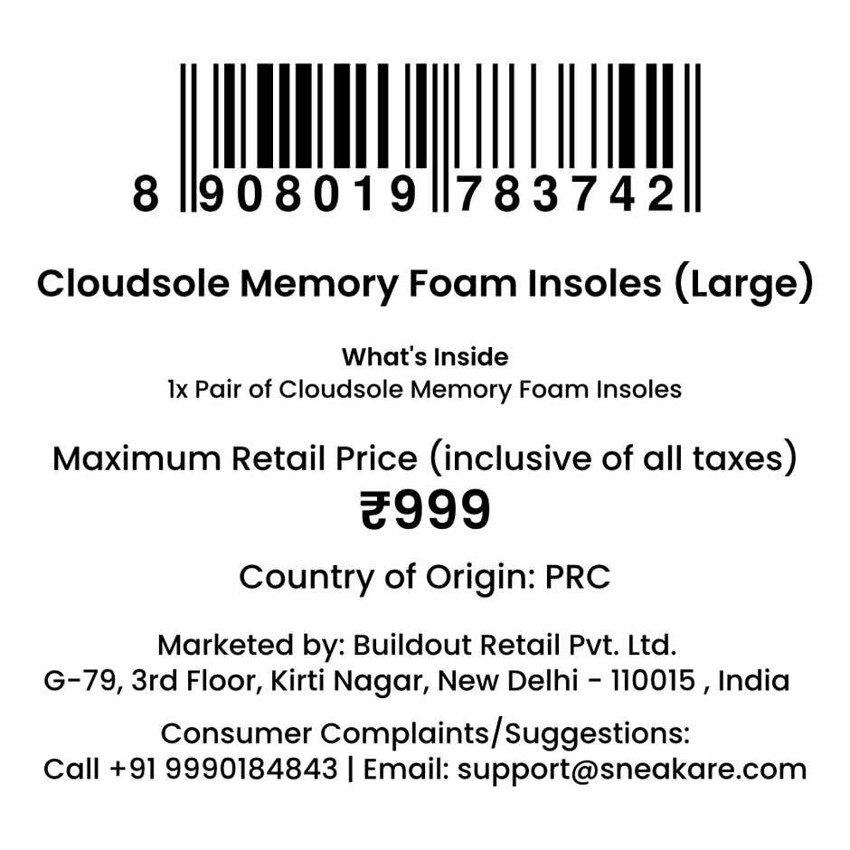 Sneakare Cloudsole Memory Foam Insoles Large | UK7-UK11.5
