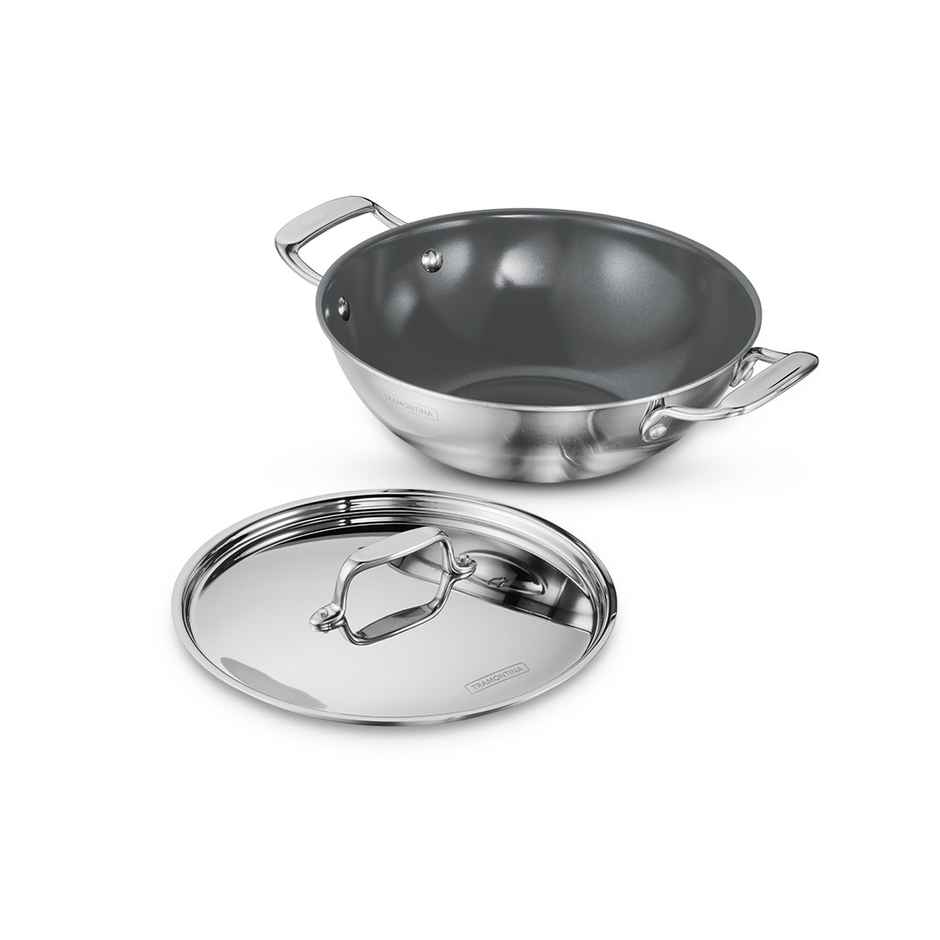 Tramontina Fusao Triply Ceramic Kadai | 24 cm | 2.6 L | Stainless Steel Lid | Induction Compatible