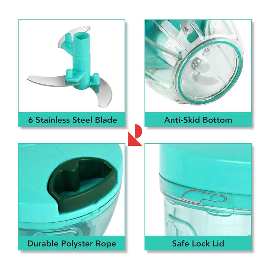 ReeQ Manual Pull Chopper -Mini Vegetable & Fruit Cutter with 3 Stainless Steel Blades