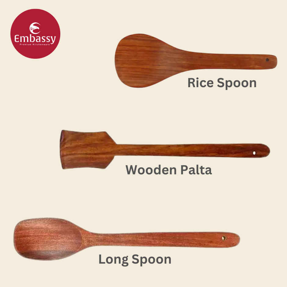 Embassy Wooden Spoon Set (Spatula, Rice, Long Serving Spoon) - For Dosa, Serving Rice, Dal, Gravy