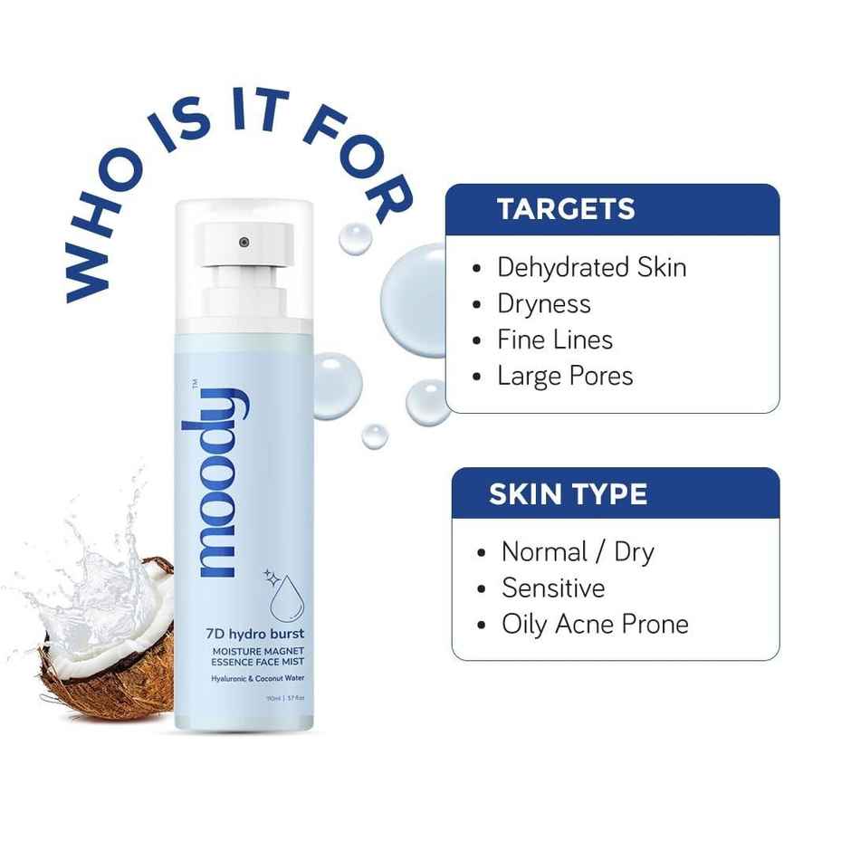 Moody 7D Hydro Burst Moisture Magnet Essence Face Mist, Hyaluronic & Coconut Water (110 Ml)