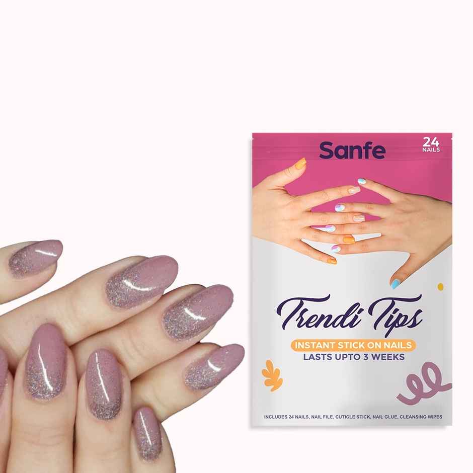 Sanfe Instant Stick On Nails - Silver Glitter Almond 24 Reusable Artificial Fake Nail, Salon Look