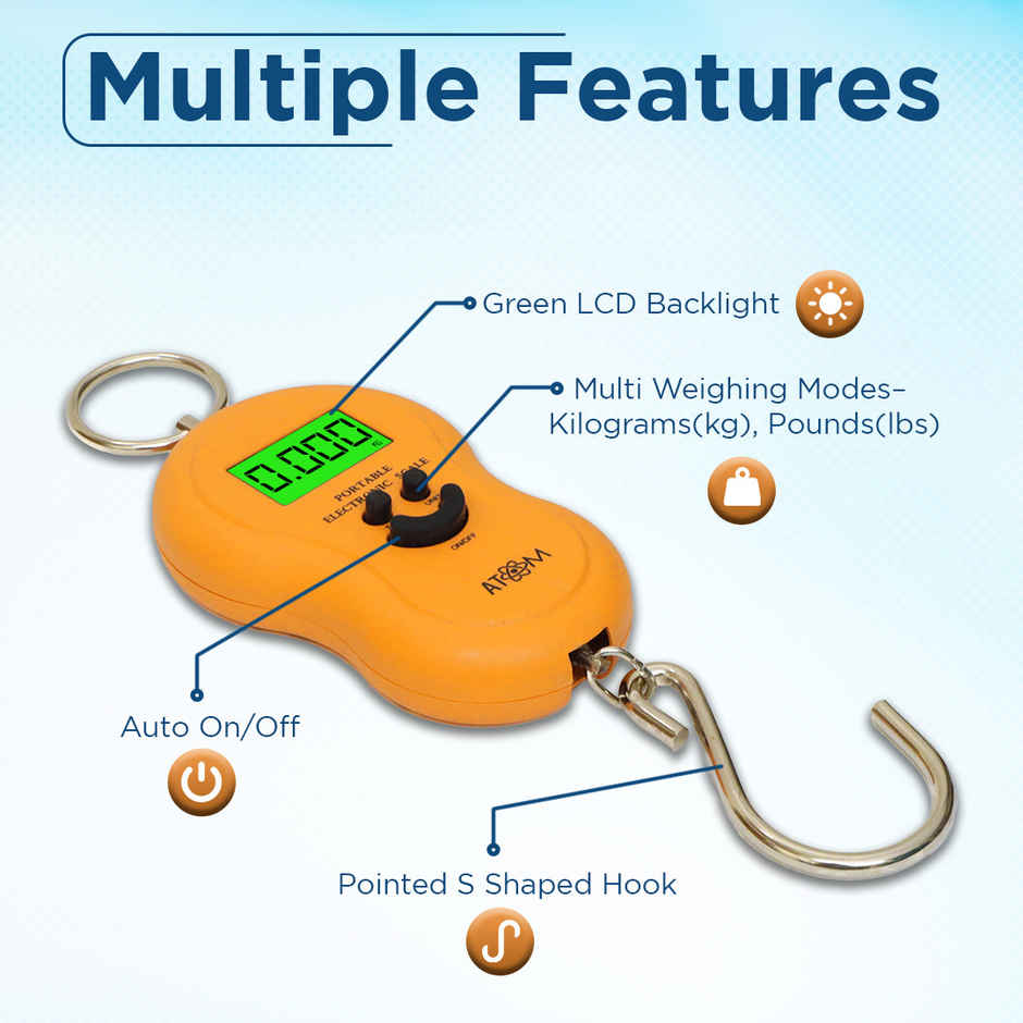 ATOM Aliston A 301 Digital Hanging Scale With Capacity 50 kg | Stainless Steel Hook For Luggage