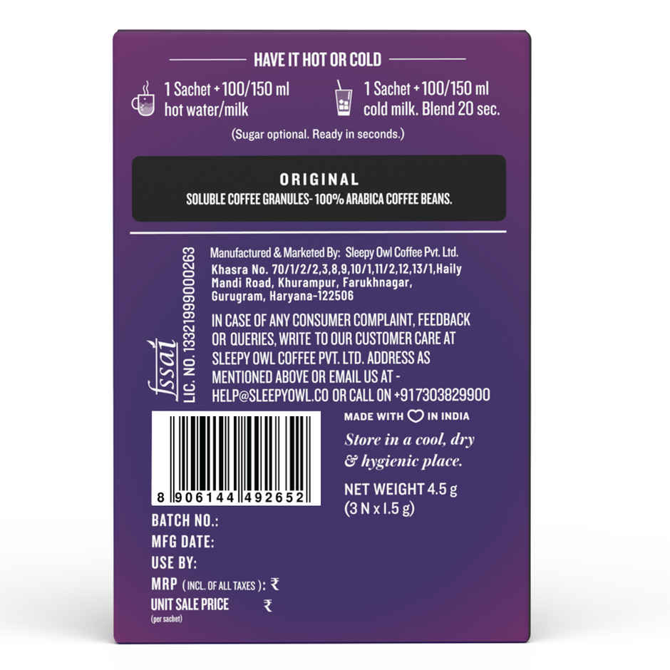 Sleepy Owl Original 100% Arabica Instant Coffee Sachets