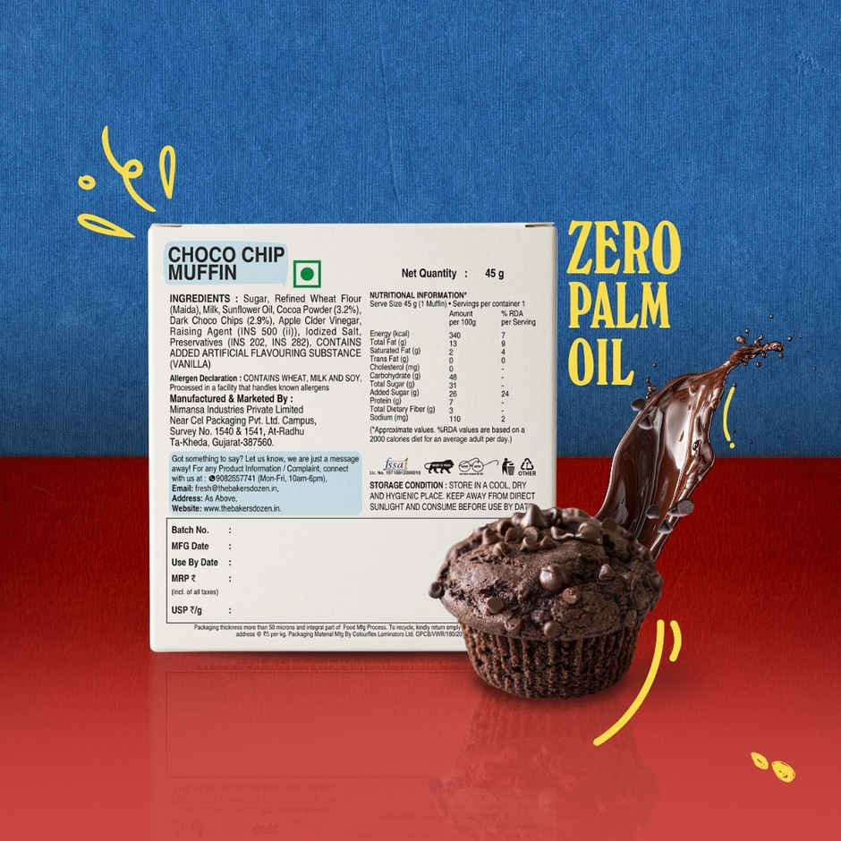 The Baker's Dozen Chocochip Muffin | Veg/Eggless Cake | Cup Cake | Tiffin Cake | Chocolate Muffin