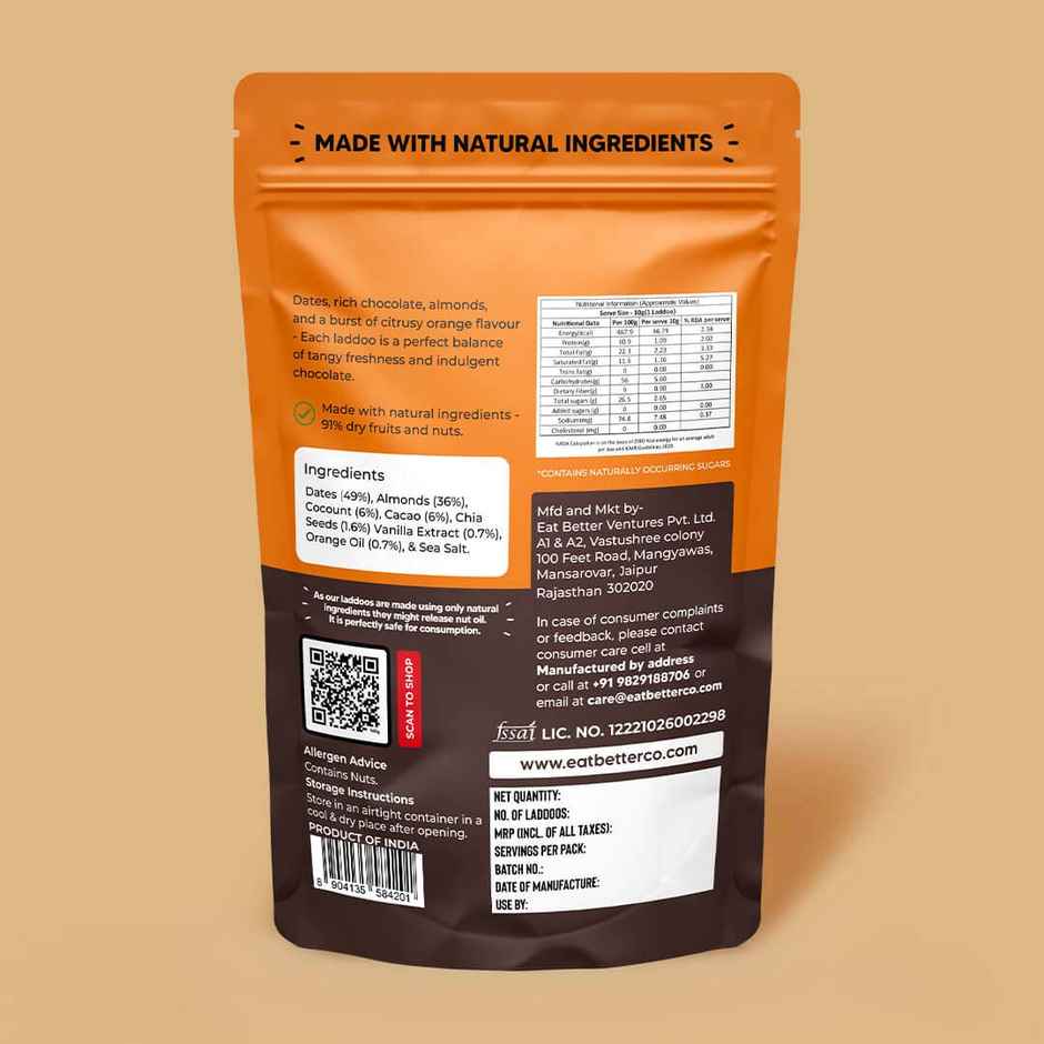 Eat Better Co Orange & Chocolate Laddoos | No Added Sugar | High Protein | 100% Natural