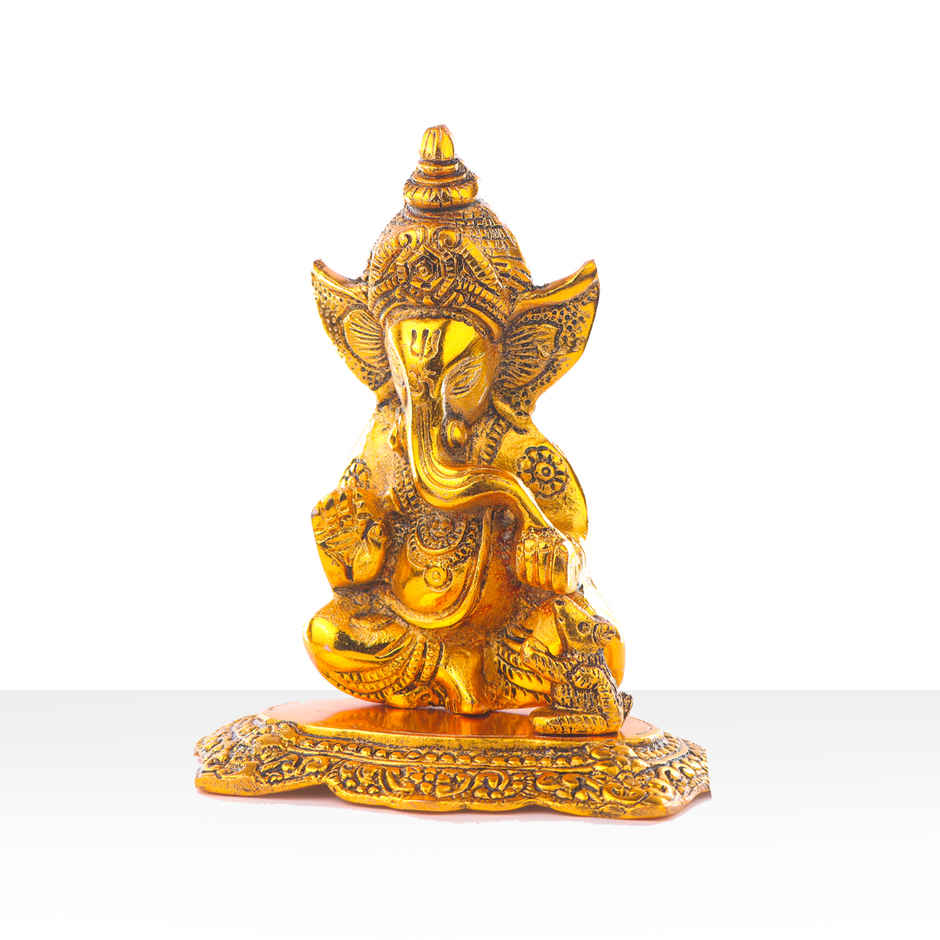 Ganesh Ji Idol with Mooshak in Gold Polish | Devnidhi
