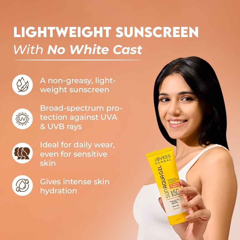 Jovees Herbal Sun Aqua Gel SPF 50 PA+++ | Lightweight | Water-Like Texture | 1% Hyaluronic Acid