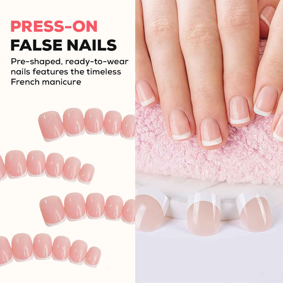 Multibrite Artificial Fake Nails Extension | Square French Press-On Nails | with Adhesive Tabs
