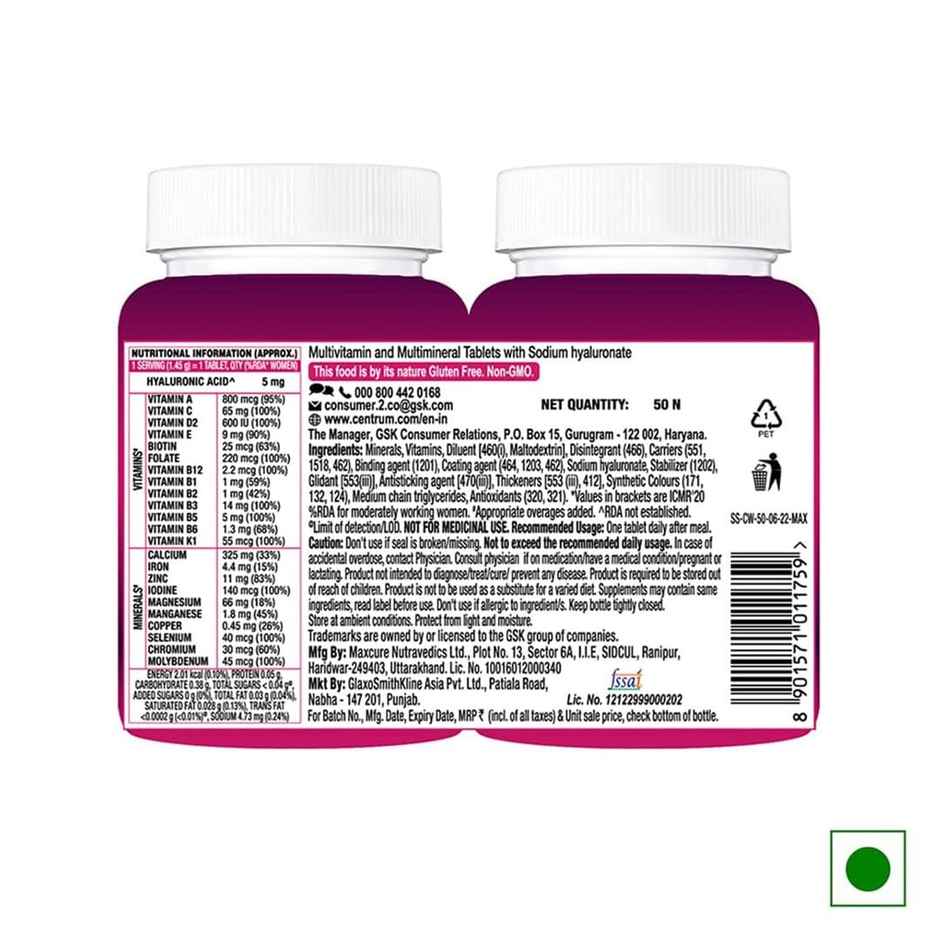 Centrum Multivitamin for Women, Hyaluronate & 23 Vitamins & Minerals (Energy, Immunity, Skin) - 50 Veg Tabs