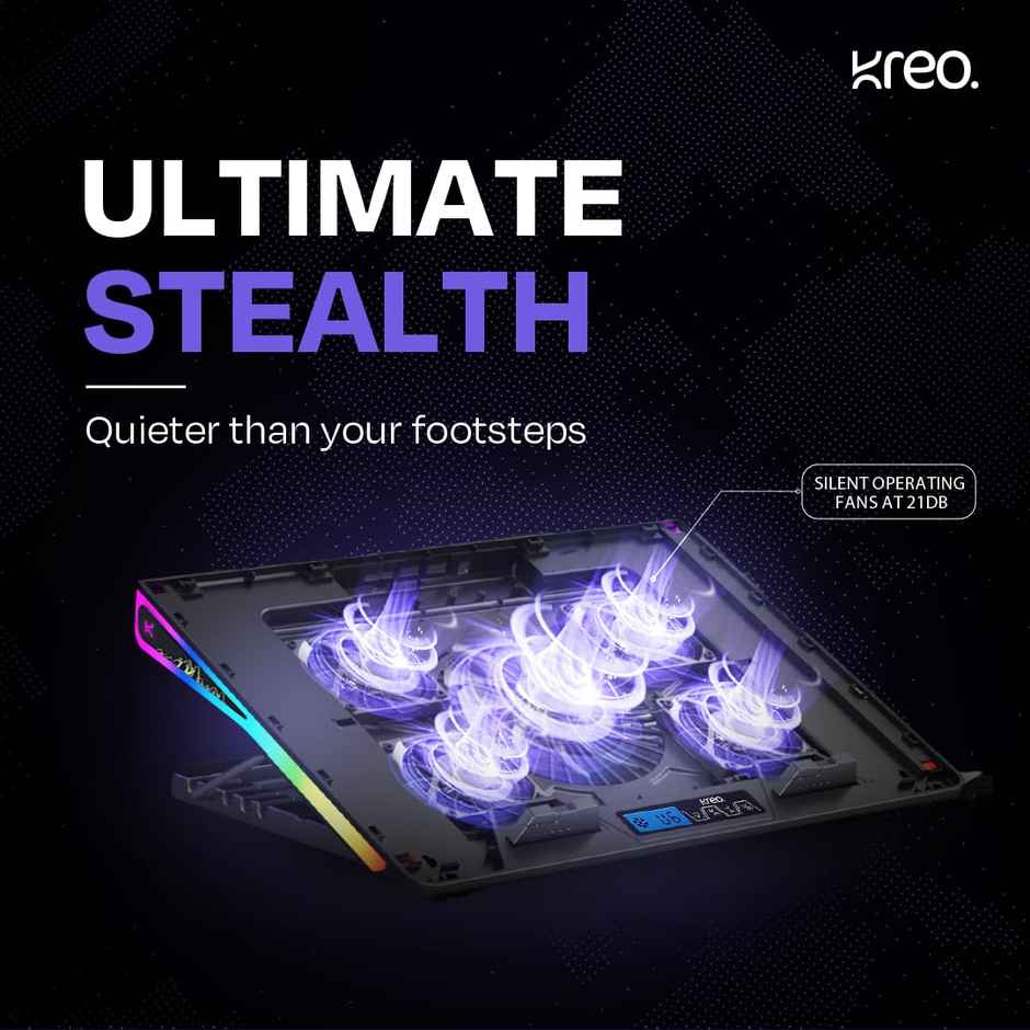 Kreo Tundra 5 Fans Rgb Laptop Cooling Pad With Dual Usb Port,5 Adjustable Height Angles Lcd Display